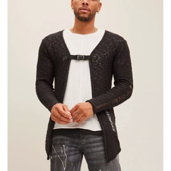 Ron Tomson Men’s Buckled Distressed Long Cardigan In Black Sz S/M New - Picture 2 of 11